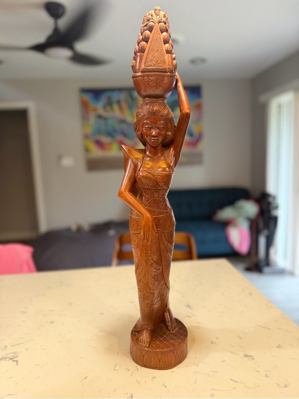 Vintage Balinese Hand Carved Solid Teak Wood Sculpture Woman With Basket 25”